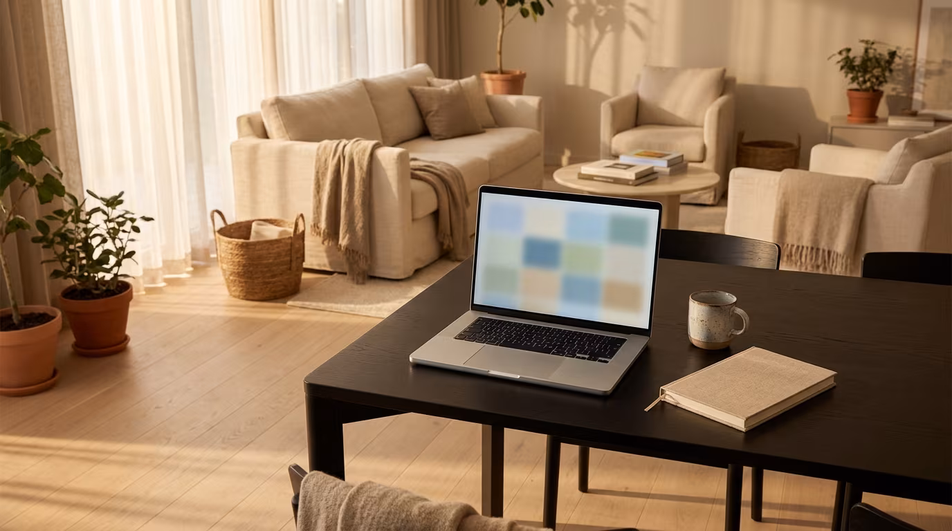 Sunlit modern short-term rental interior with a laptop showing a booking calendar, illustrating Airbnb 15.5% host fee repricing decisions for September 2026