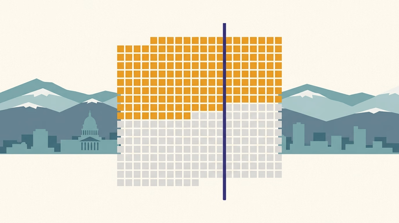 Calendar grid of 365 night tiles with the first 200 filled and a hard limit line marking an annual Airbnb night cap, over a city skyline and mountain ridges