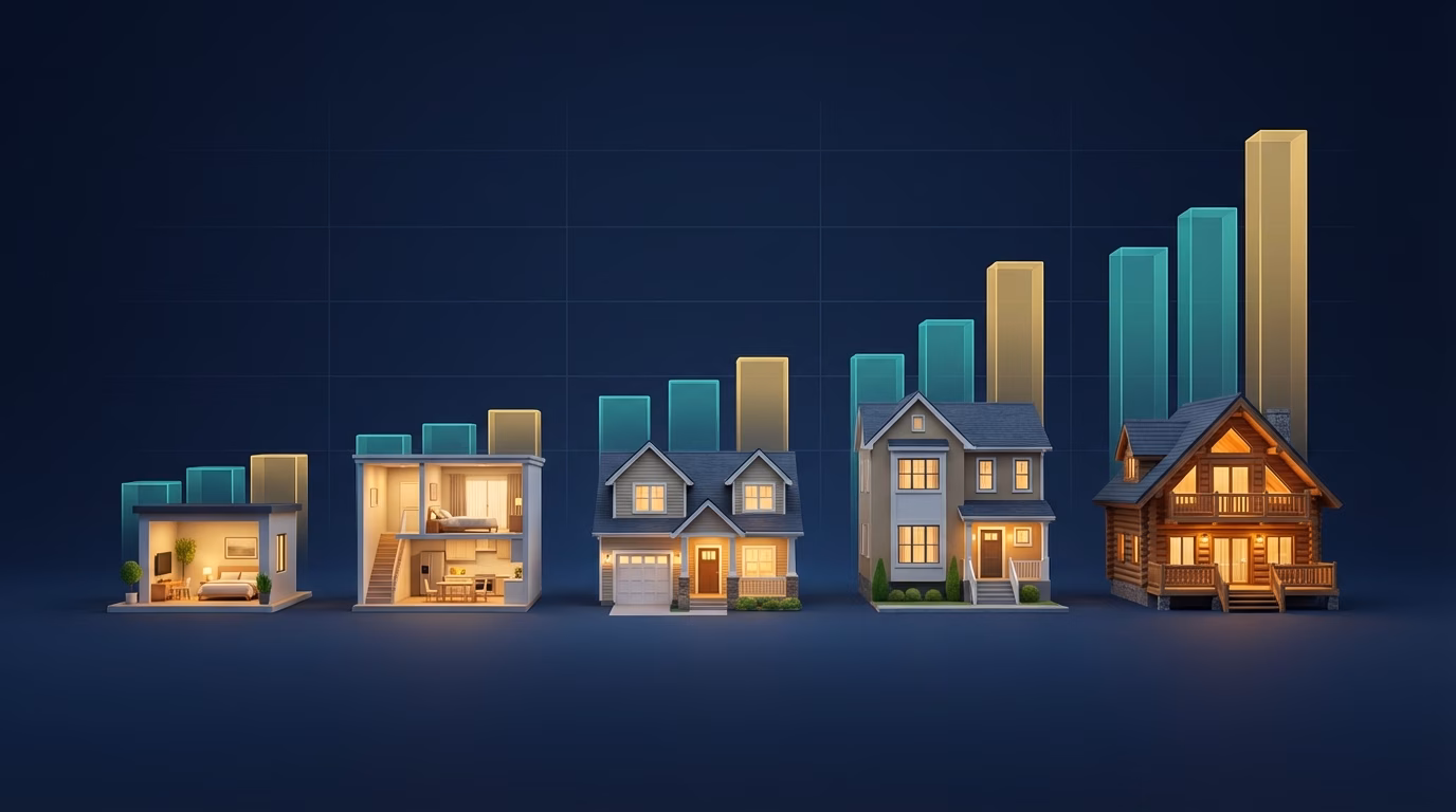Stylized vacation rental properties with data visualization overlays showing revenue scaling by property size