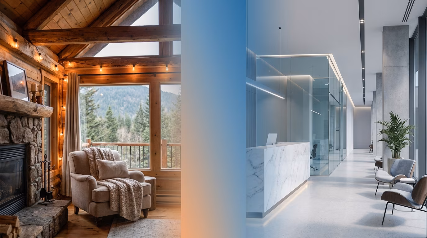 Airbnb hotels expansion 2026 split between unique vacation rental cabin and boutique hotel lobby