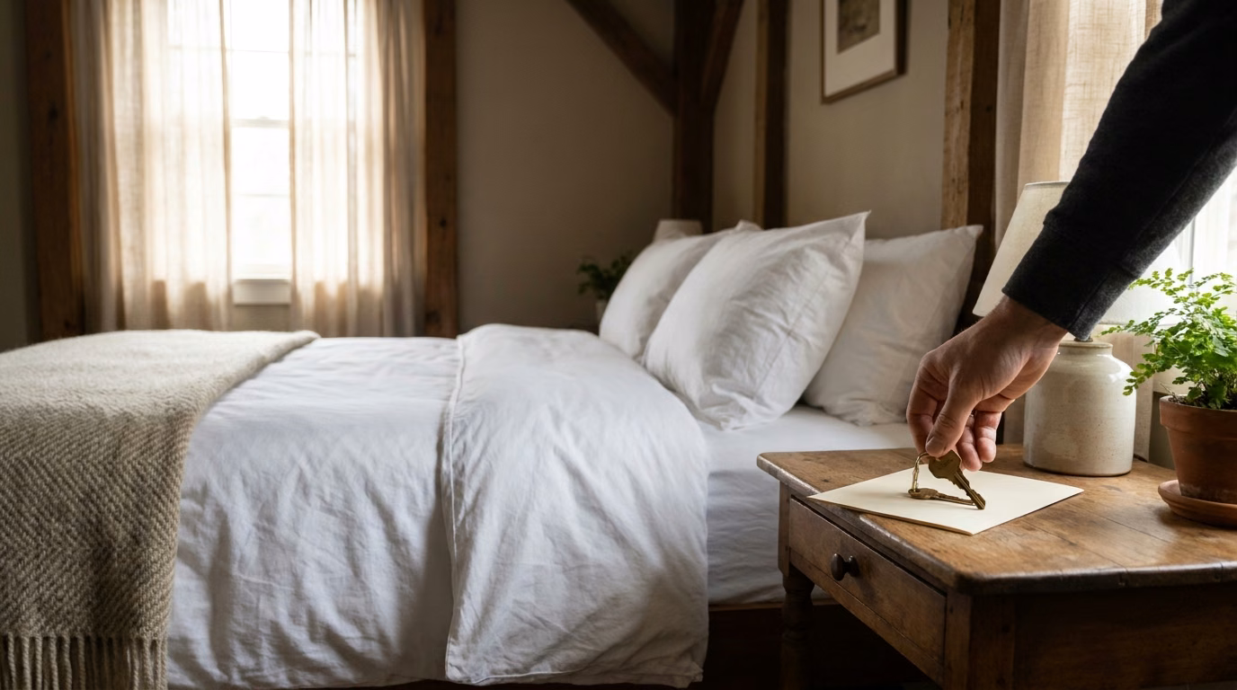 A newly furnished vacation rental bedroom with fresh linens, ready for its first guests