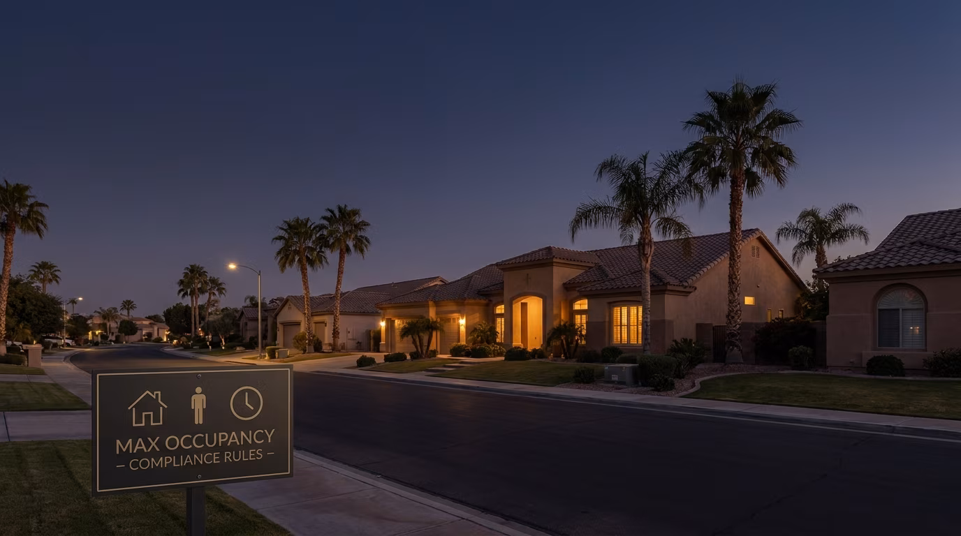 Quiet upscale Sun Belt residential street at dusk with a short-term rental occupancy and compliance rules sign