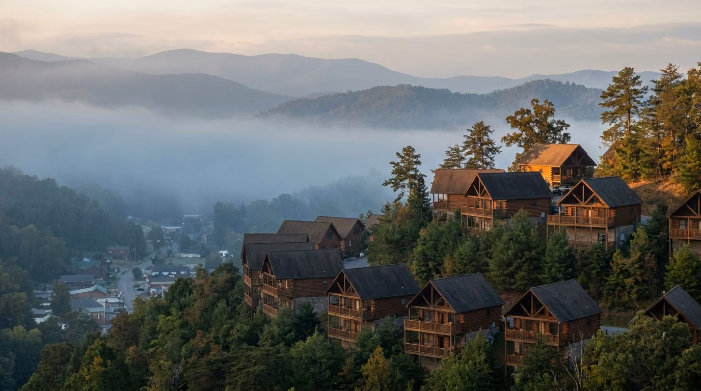 Rental cabins on a misty wooded hillside in a mountain resort town