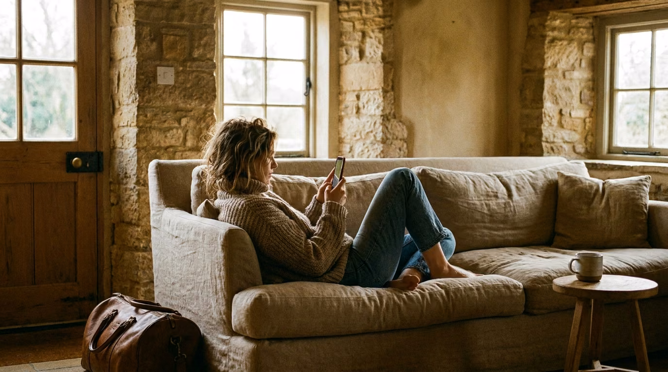 A traveler curled on a linen sofa in a sunlit stone cottage, scrolling on a phone, a leather weekend bag by the door
