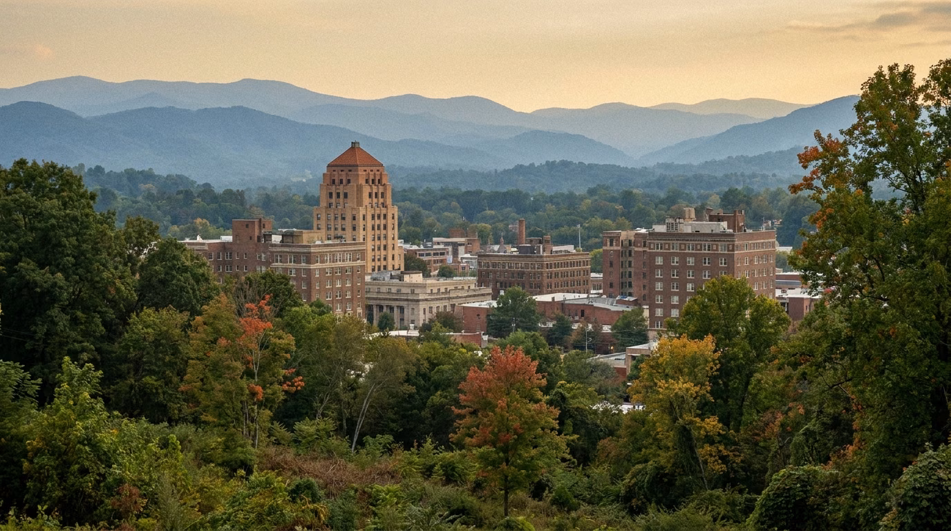 Illustration of downtown Asheville, North Carolina, and the Blue Ridge Mountains in early autumn