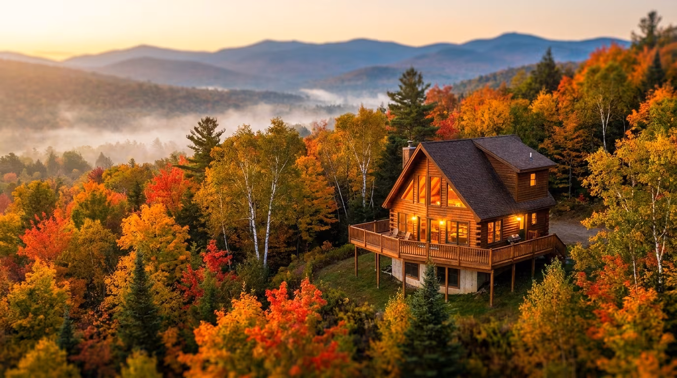 Wooden vacation cabin with glowing windows on a mountain hillside ablaze with peak red, orange, and gold fall foliage above a misty valley