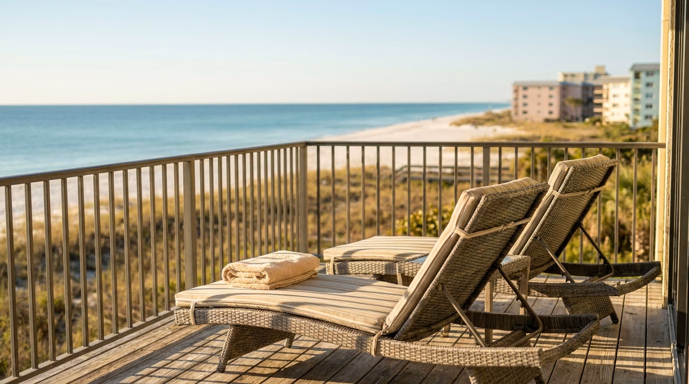 Condo balcony overlooking a calm Gulf of Mexico beach on a winter morning in Southwest Florida