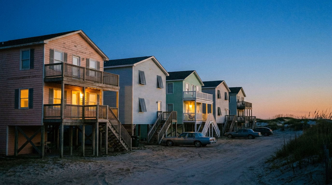 A row of beach-town vacation rental houses on stilts at dusk, some with lit windows and porches and others dark and shuttered