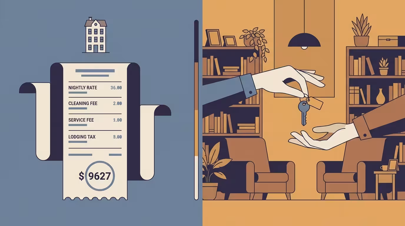 Split-scene illustration contrasting an Airbnb checkout receipt with stacked cleaning, service, and tax fees against a warm lived-in home with keys being handed over for a home swap