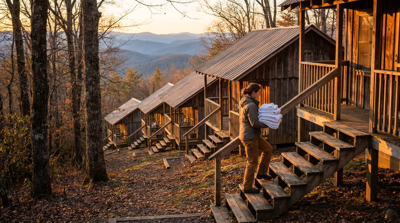 Rental cabins on a wooded hillside in the Great Smoky Mountains, with a cleaner carrying linens up the steps of one