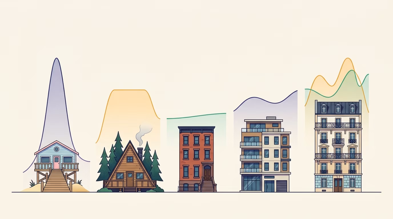 Five short-term rental property types side by side — beach house, mountain cabin, city rowhouse, downtown mid-rise and European apartment block — each with a differently shaped demand curve rising behind it