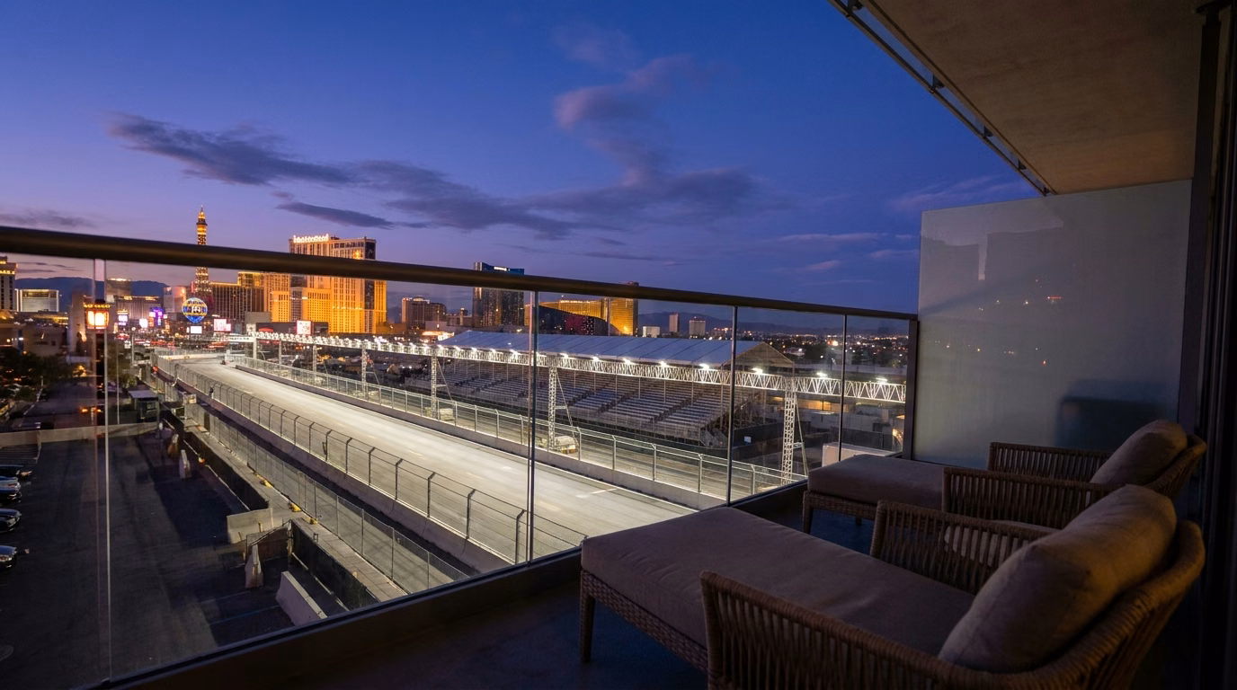 Condo balcony overlooking the lit Las Vegas Strip and the Grand Prix circuit barriers at dusk