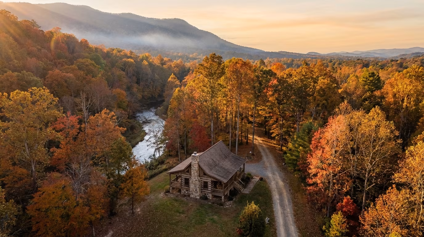 Rustic cabin nestled among autumn trees at the base of a misty mountain range near a national park