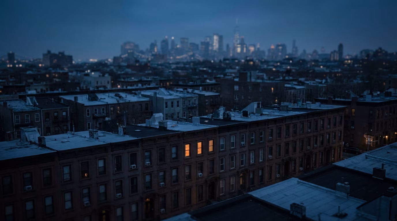 Aerial night view of a Brooklyn rooftop with a single lit apartment window glowing warm against dark surrounding buildings, Manhattan skyline in background