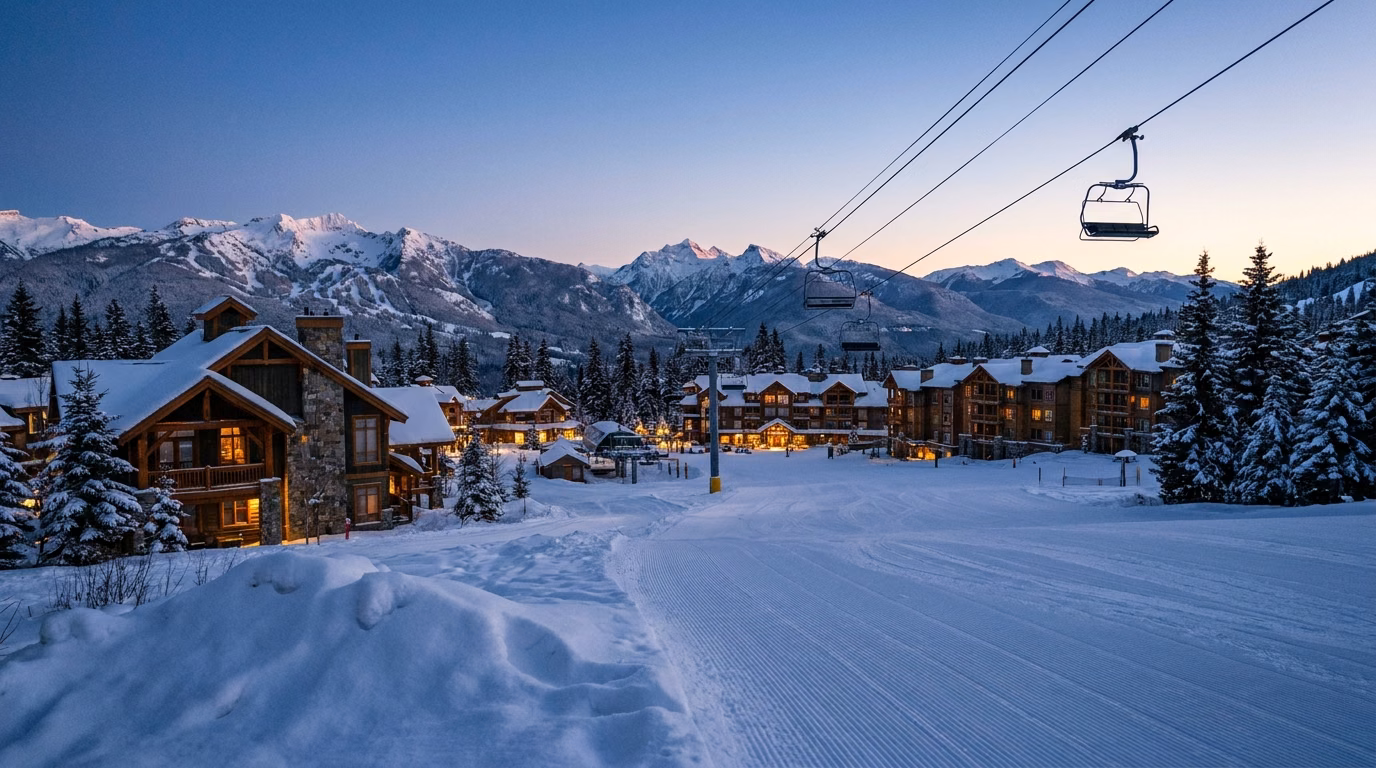 Ski resort village at dusk with lit condos, illustrating ski Airbnb market revenue for winter 2026-2027