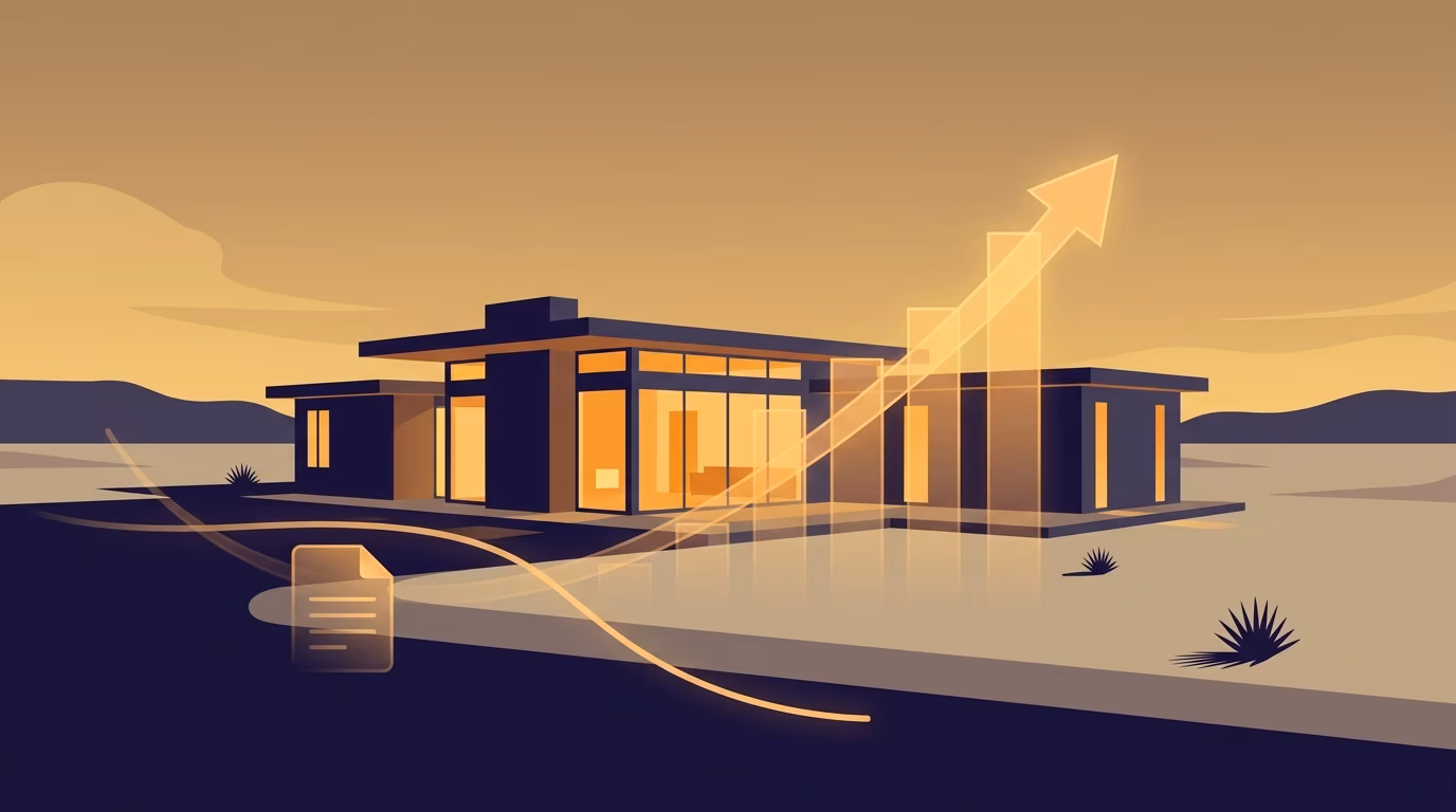 Desert short-term rental home at golden hour with translucent depreciation and tax-document motifs