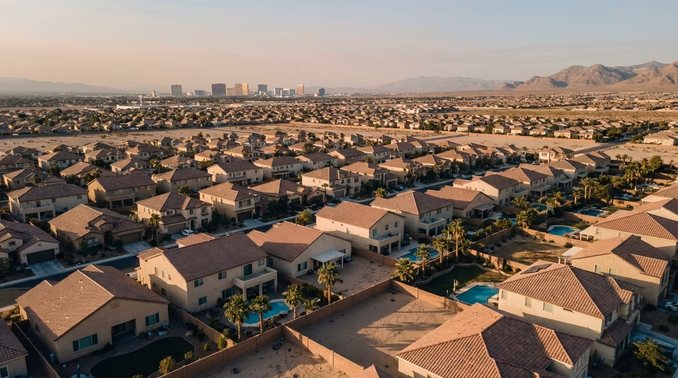 Aerial view of a Las Vegas desert subdivision where short-term rental payment ban rules would apply