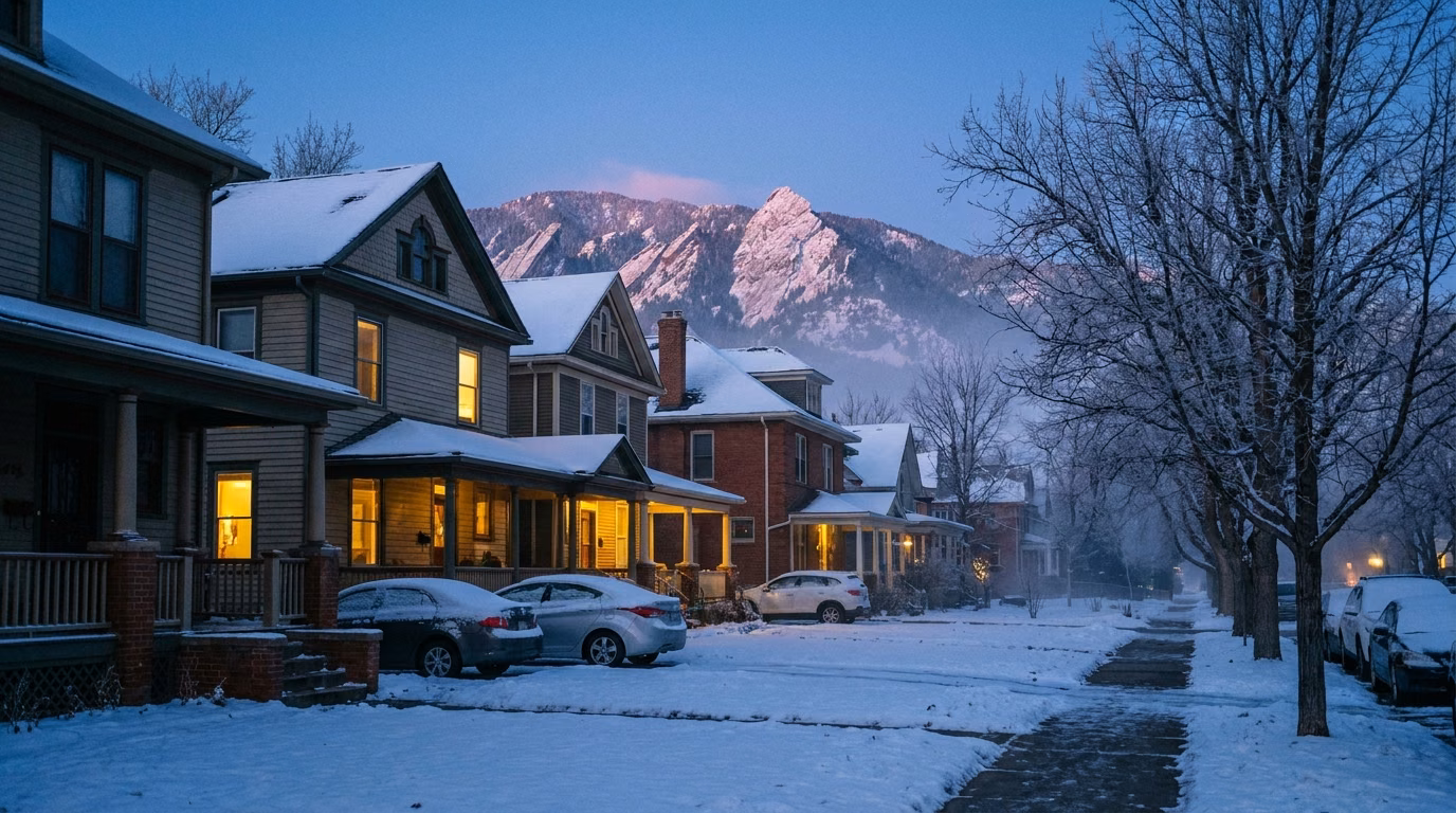 Snow-covered houses on a Boulder street at dusk with the Flatirons behind