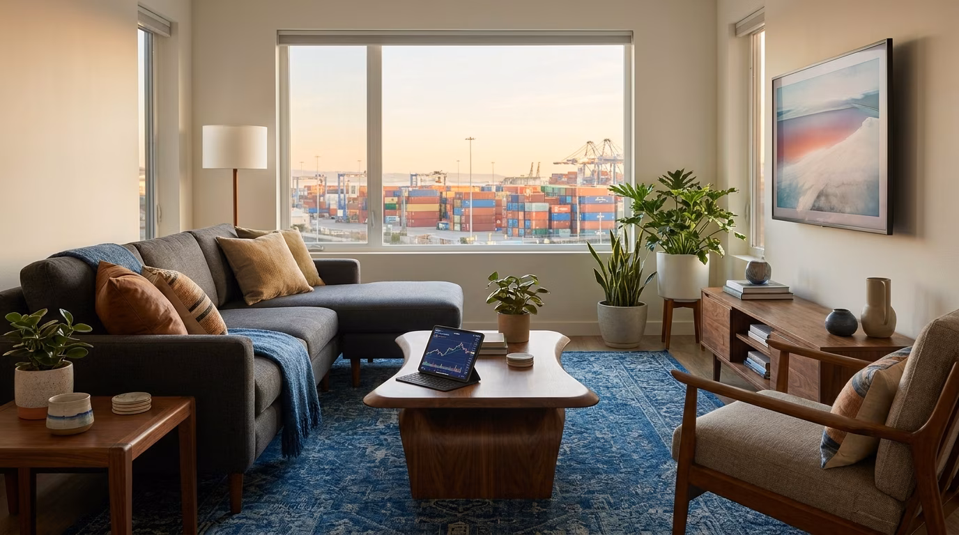 Modern Airbnb living room with stylish furniture, illustrating the intersection of short-term rental operations and trade policy costs
