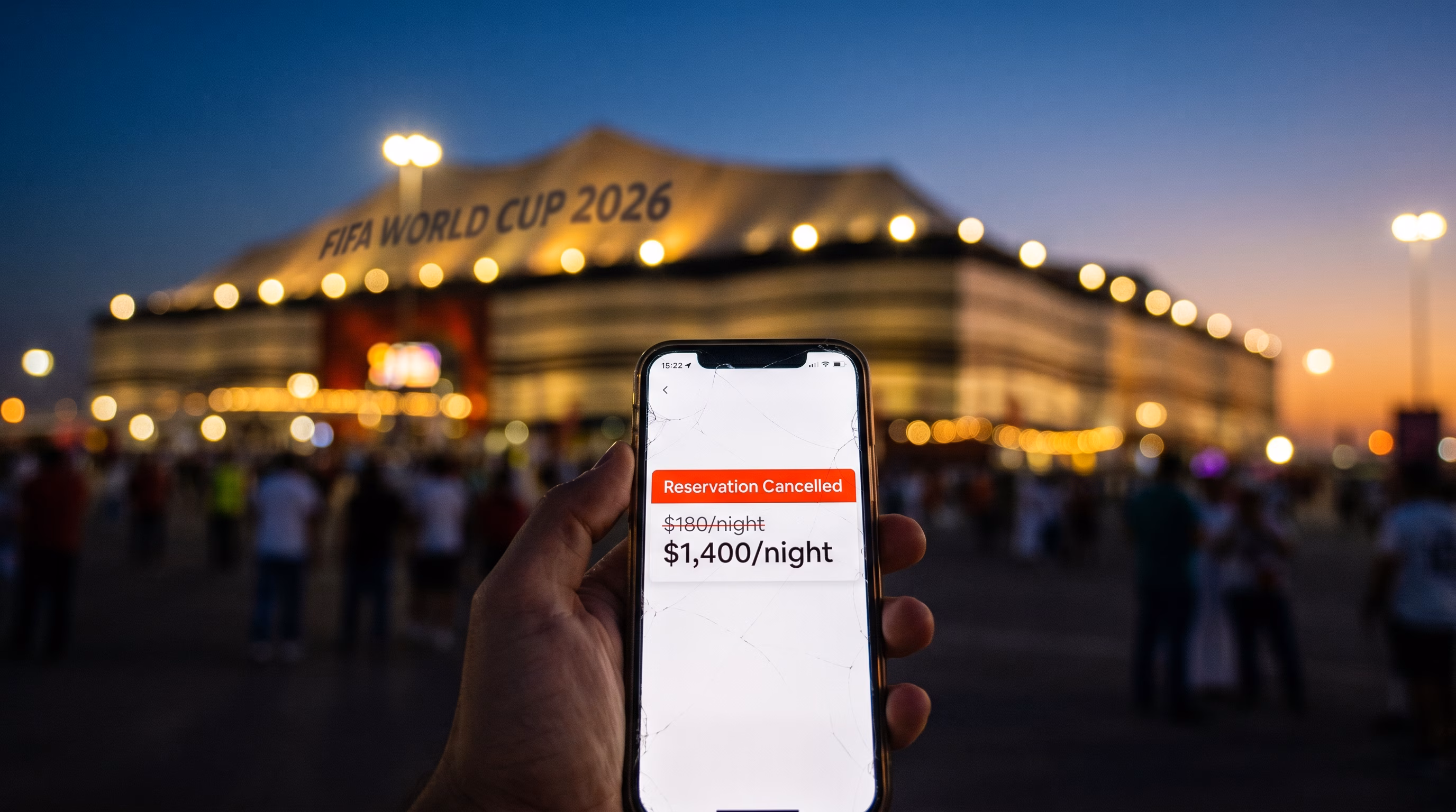 Cinematic dusk view of a modern soccer stadium surrounded by city residential neighborhoods, illustrating the tension between World Cup 2026 demand and Airbnb cancellation dynamics